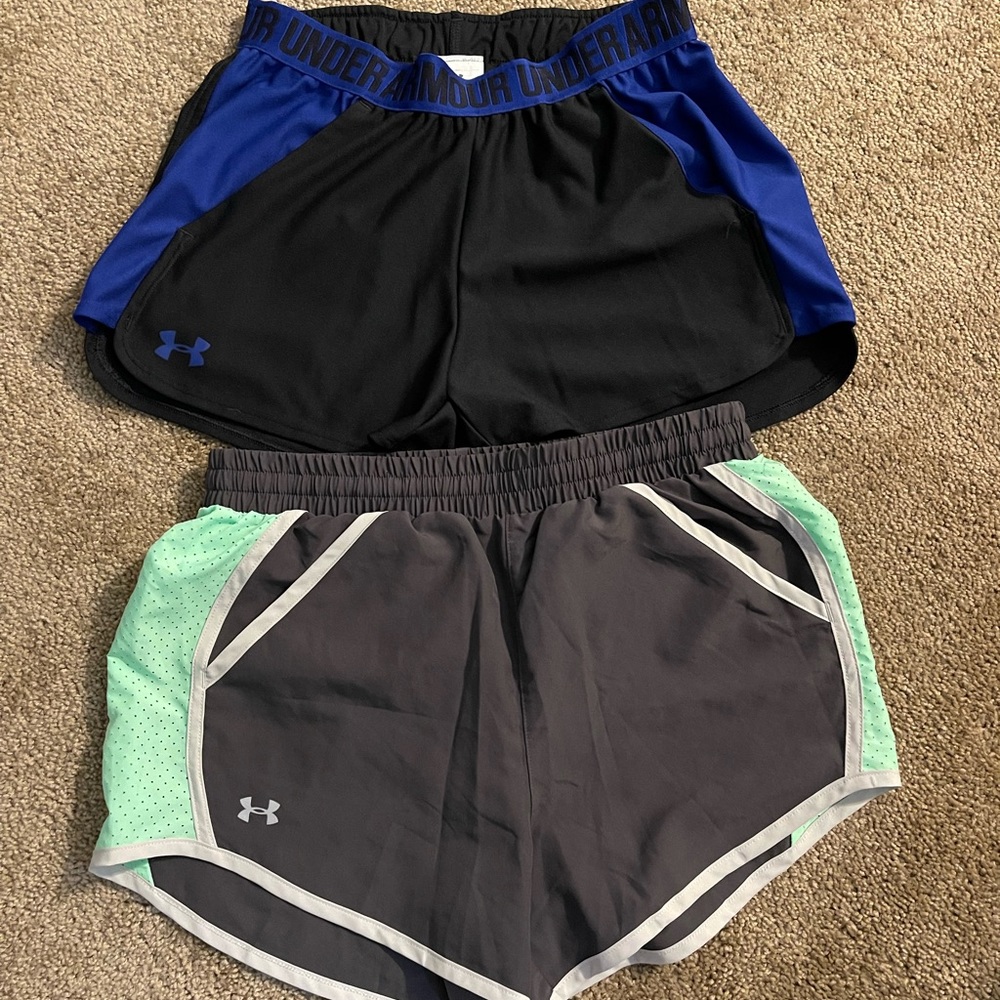 Under Armour  2pc women’s running shorts size XS gray/green & black/blue.